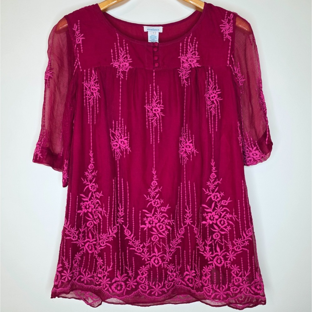 Sundance Cora Tunic‎ Top Sz S Sheer Overlay Embroidered Cupro Boho Hippie Artsy